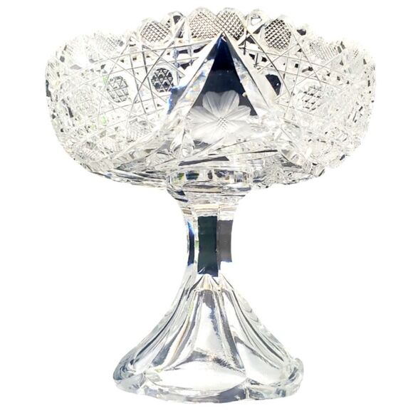 Vintage Etched Crystal 5" Compote Candy Dish Sawtooth Rim Pedestal - Picture 6 of 8